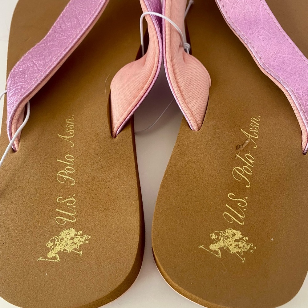 NWT US Polo Assn. Women's 8 Sandals. Pink Padded Straps, Cushioned Tan Footbed - Picture 4 of 10